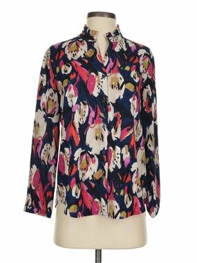 Nic+Zoe Navy Floral V-Neck Long-Sleeve Blouse | Size Medium